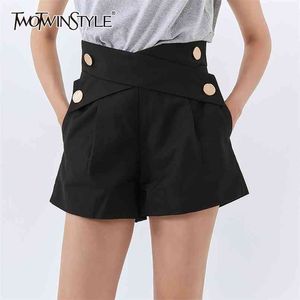 Patchwork Button Cross Women's Shorts Highw Waist Slmming For Female Wide-leg Straight Autumn Fashion 210521