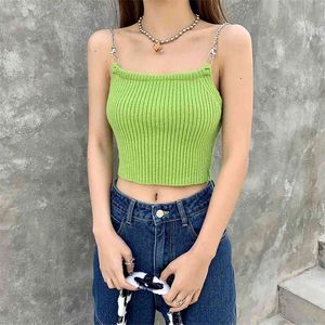 Wiosna Zielona Moda Tank Top Kobiety Knitting Bez Rękawów Backless Sexy Slim Odzież dama Solid Crop 210607