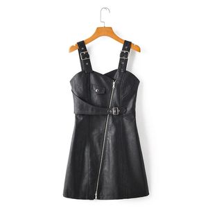 abiti medi da donna vintage in PU primavera nero moda donna fresche ragazze casual in pelle femminile 210427