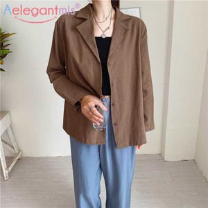 Aelegantmis Keten Ince Ince Kadınlar Tek Göğüslü Vintage Blazer Ceket Kore Bahar Zarif Ofis Bayan Basit Kadın 210607