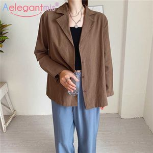 Aelegantmis linne tunna smala kvinnor singel breasted vintage blazer jacka koreansk vår elegant kontor dam enkel kvinna 210607