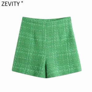 Frauen Mode Grüne Farbe Tweed Woolen Bermuda Shorts Röcke Dame Seite Reißverschluss Chic Casual Slim Pantalone Cortos P1024 210416