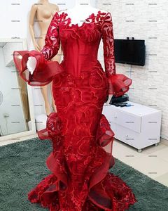 Vermelho Borgonha Lace Sereia Vestidos De Prom 2022 Imagem Real Manga Longa Applique Ruffles Clound Árabe Africano Vestido De Noite Desgaste