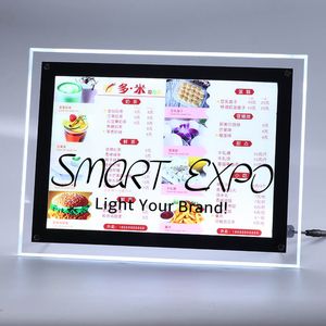 A4 Ultra Slim Single Twarz Stół Crystal Light Box Wyświetlacz reklamowy Wyposażony w wolną pozycję wspieraną przez śruby stalowe i mocne drewniane opakowania