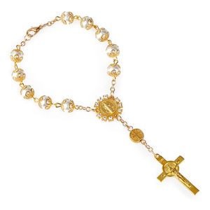 Bracciale rosario cattolico colore argento oro tasca auto auto INRI ciondolo croce San Benedetto Charms con perline, fili