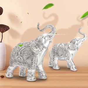 Fashion 2Pcs/set Silver Polyresin Ornate Elephant Statue Lucky Figurine Sculptures Ornaments for Home Office Decor Crafts Gift 210414