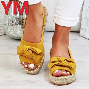 Yellow Summer Casual Bow Tie Womens Sandals Buckle Strap Flats Shoes Woman Solid Peep Toe Sandalias Mujer Fashion Zapato Mujer Y0721