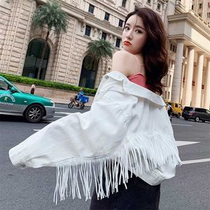 Woman Jeans Jacket Women Denim Tassel Jackets Short Fashion Loose Female Casual Long Sleeve Button Outwear Coats White Top 307C 211014