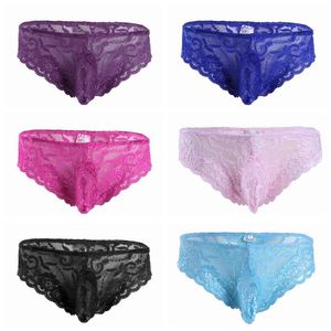 Roupa íntima Luxúria Mensy lingerie calcinha renda Bolsa de protuberância floral Bolsa baixa Rise Veja através de Bikini Briefs Gay Defesa Erótica Ganetas Duas de Mutada de Nightwear