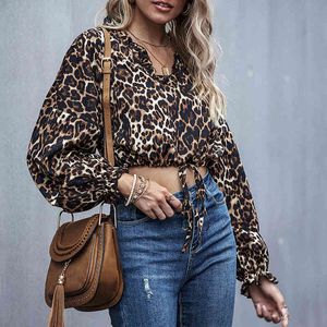 Sexig Leopardtryck Blusskjorta Kvinnor Beskära Top Blus Vår Höst Långärmad Kontor Toppar Lace Up Front 210415