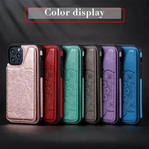 Stoßfeste Handyhüllen für iPhone 13 12 11 Pro X XR XS Max 7 8 Plus Mandala-Prägung PU-Leder Dual Buckle Kickstand Schutzhülle mit Kartenfächern