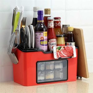 Large Capacity Seasoning Storage Box Floor-mounted Kitchen Tools Spice Organizer Multi-Function Shelf With Phone Stand Rack 211110