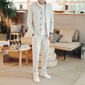 2019 Nuovi abiti classici ricamati Moda uomo Casual Colletto alla coreana Giacca e pantaloni da uomo Cina Vintage Style X0909