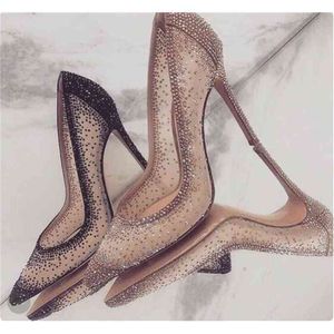 Sexy Mesh Patchwork High Heel Shoes Champagne Glittering Heels Pumps Bling Crystal Wedding Dress Bride 210820