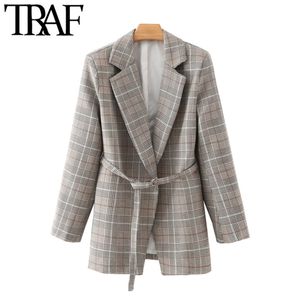 TRAF Women Fashion With Belt Check Blazer Coat Vintage Long Sleeve Office Wear Female Outerwear Chic Veste Femme 210415