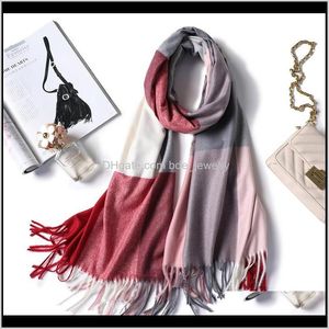 Okłady kapelusze, Rękawice Moda Aessories Ciepłe Kobiety Double Side Cashmere Scarf Plaid Winter Scarves Ladies Tassel Footard Koc Szal Drop Drap