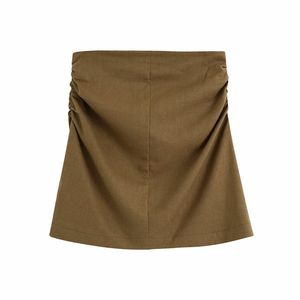 Coffee Color Women Casual A-line High Waist Za Mini Skirts Female Summer Fashion Zipper Linen Short Skirt Office Lady Suit 210421