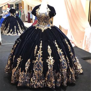 Granatowa Błękitna Aksamitna Księżniczka Quinceanera Dress Suknia Balowa Cekiny Aplikacja Vestido Mexicano Style Sweet 15 Prom Suknia z rękawami
