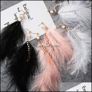 Dangle Chandelier Brincos Jóias Japão Coreano Moda Doce Penas Gota Simated Pérolas Tassel Rhinestone Correntes Longo Brinco Para As Mulheres