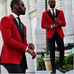 2022 Handsome Mens Suits Red Wedding Tuxedos Two Pieces Groom Formal Wear Custom Made Formal Evening Suit Slim Fit Prom Party Blazer Man ( Jacket + Pants) Black Lapel Pant