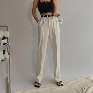 Kvinnor hög midja lösa breda benbyxor för vår sommar kvinnlig golv längd vita kostymer damer byxor 211115