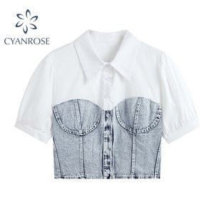 Botão de manga curta lapela patchwork denim magro camisa feminina sexy bonito colheita de topo blusa verão moda blusas tee 210515