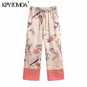 KPytomoa mulheres 2021 bolsos laterais de moda cópia floral calças retas vintage alta elástica cintura cordão calças femininas mujer q0801