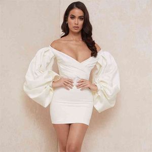 女性ドレスファッションVネックボディコンミニレディース服ホワイトエレガントクラブヴィンジャーパーティードレス210515