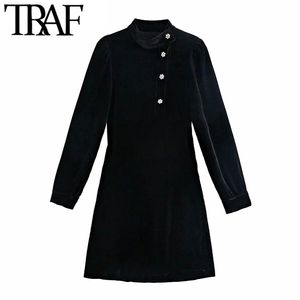 Women Chic Fashion With Bejewelled Buttons Velvet Mini Dress Vintage Stand Collar Long Sleeve Female Dresses Mujer 210507