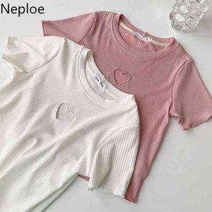 Neploe Short-Sleeved T-shirt Kvinnors sommar Sexig damskjorta Kärlek Heart Hollow Out Tees Korean Fashion Pink Tops Kvinna 210422