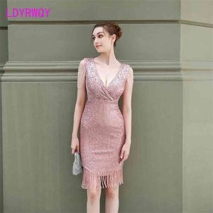 Dress women's nail beads burning flowers short Sheath Office Lady Sleeveless Zippers Knee-Length Polyester 210416