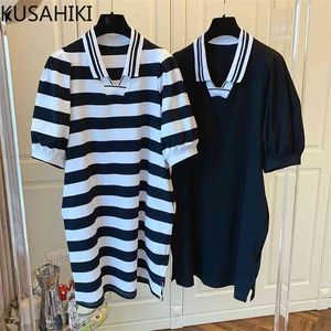 Causal Striped Woman Dress Korean Puff Sleeve Turn-down Collar Vestidos Femme Summer TShirt Dresses 6J600 210603