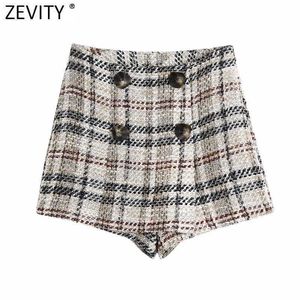 Zevity Women Vintage High Waist Plaid Print Buttons Tweed Shorts Skirts Lady Side Zipper Chic Casual Slim Pantalone Cortos P1027 210603