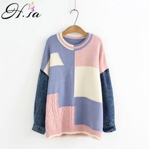 H.SA sueter mujer invierno Oneck Patchwork Knit Jumpers Oversized Korean jeans Sweater robe pull casaco feminino 210417