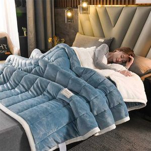 ソリッドカラーキルティングフリース毛布と大人の厚い暖かい冬の毛布のスーパーソフト布団の羽毛布団の高級ホーム寝具211122