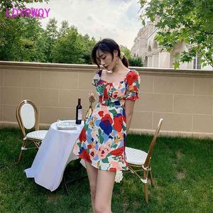 Ldyrwqy Summer French Style Square Collar Moda Temperament Puff Sleeve Slim Drukowana Sukienka Office Lady 210416