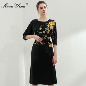 Designer de moda verão elegante preto midi vestido mulheres o-pescoço cinto alta cintura floral festa 210524