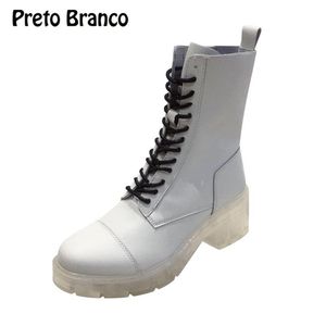 Stövlar Preto Branco Kvinnors Ankel British Short Tube Killer Booties Vit Lace Up High Quality Boot Square Heels -555-1