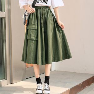 Skirts Pocket Female Cotton Midi Saia Plus Size M-3XL A-line Mori Girl Long Women High Waist Army Green Umbrella