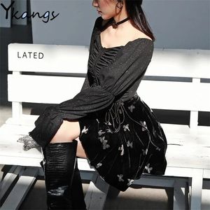 Vår sommar hög-waisted vintage mini butterfiy tryck svart kjolar estetisk mode fransk stil kvinna år 210421