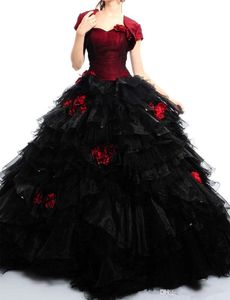 New Red and Black Quinceanera Dresses Matched Jackets Hot Sales Handmade Flower Sweetheart Tulle Organza Ball Gown Graduation Gowns Q100