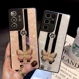 Spegel Rhinestone Butterfly Telefonfall Mode med ringstativ för iPhone 12 11 Pro Max XR X XS 7 8 Plus Samsung S20 S21 Not 20 Ultra A42 A52 A72