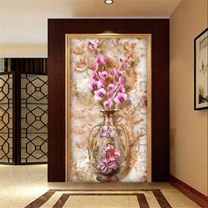 Wallpapers Custom 3D Mural Vase Phalaenopsi Vintage Marble Texture Embossed Porch Corridor TV Background Self Adhesive Wallpaper Waterproof