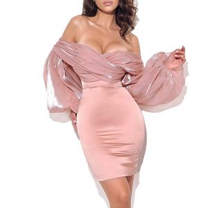 OCSTrade brzoskwinia Off Balon Ramię Rękaw Party Dress Przyjazd Sexy Bodycon Kobiety Letnie Kluby Klubowe Stroje 210527