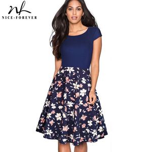 Nice-forver Retro 1950's Floral and Gird Drukowane O Neck Vestidos A-Line Female Flare Party Kobiety Letnia Dress BTA009 210419