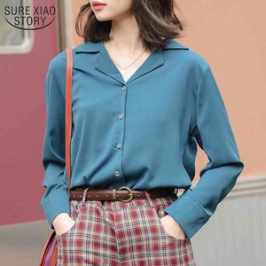 Hong Kong Stil Bayan Bluzlar ve Tops Katı Basit Vintage Gevşek Uzun Kollu Gömlek Şifon Suit Yaka Blusas 10463 210508