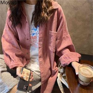 Koreanische Cord Lose Shirts Tops Frauen Lange Hülse Drehen-unten Kragen Tasche Solide Mode Weibliche Blusen Blusas Mujer 210513