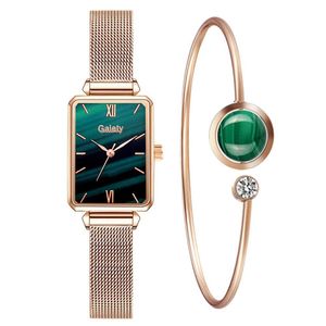 Senhoras relógios Moda Quadrado Quartz relógio pulseira Definir simples mostrador verde rosa malha de ouro