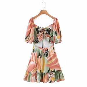 Spring Women Flower Print Chiffon Sexy Hollow Out Drawstring Waist Mini Day Dress Party 210514