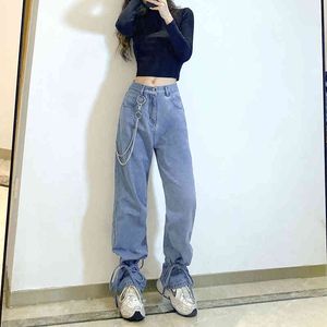 Koreańska moda kobieta dżinsy luźne dorywczo prosta noga wysoka talii kobieta streetwear wiosna i jesienne spodnie 210524